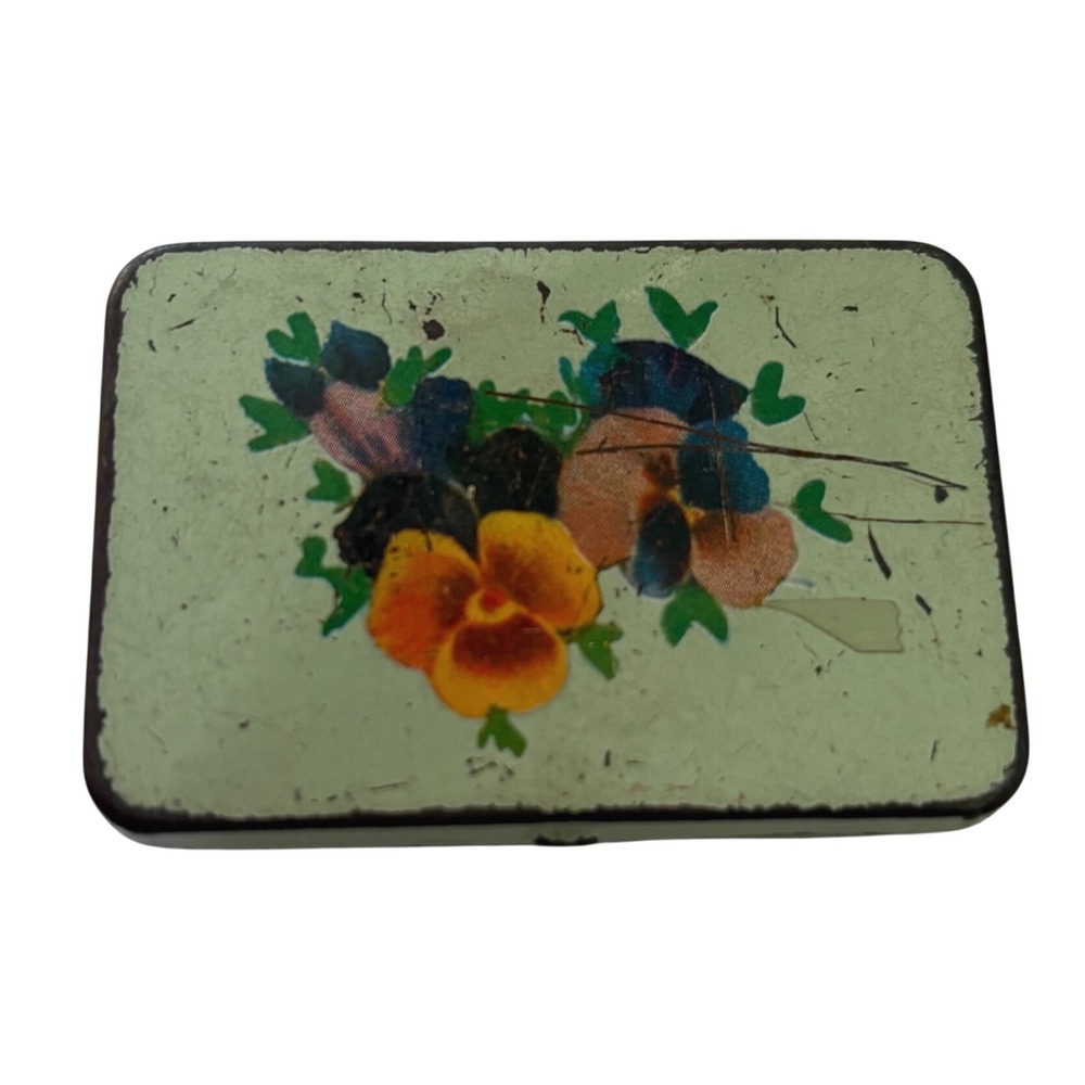 1960s Miniature Metal Pill Box Pansy Floral Lithograph Green Gold Trinket Tin